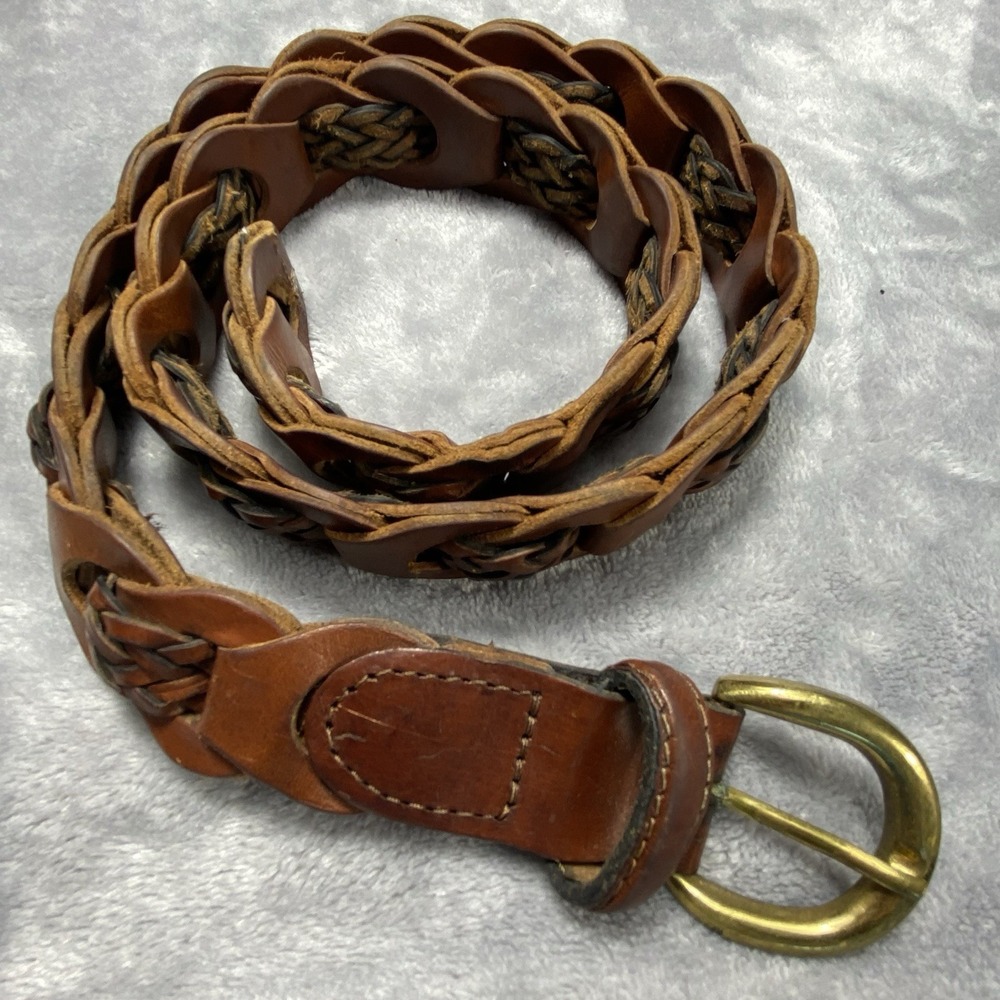 VTG Women's Braided Belt Small Brown Genuine Leather Chain Style Brass Buckle‎